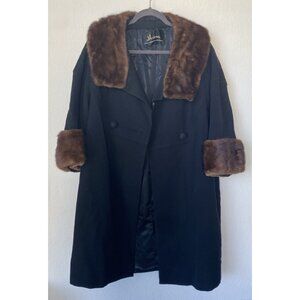 Hixons Vintage Womens Large Black Mink Fur Trim Coat Mid Century
